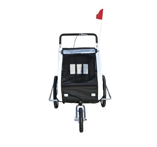 HOMCOM Remolque para Niños DOS PLAZAS con Amortiguadores Carro para Bicicleta CON BARRA INCLUIDA y Kit de Footing COLOR BLANCO y NEGRO