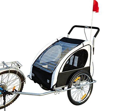 HOMCOM Remolque para Niños DOS PLAZAS con Amortiguadores Carro para Bicicleta CON BARRA INCLUIDA y Kit de Footing COLOR BLANCO y NEGRO