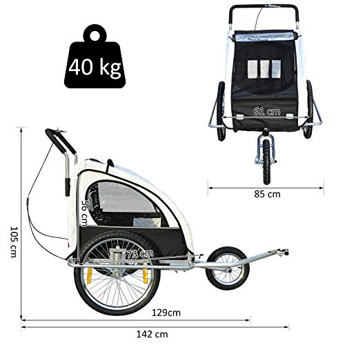 HOMCOM Remolque para Niños DOS PLAZAS con Amortiguadores Carro para Bicicleta CON BARRA INCLUIDA y Kit de Footing COLOR BLANCO y NEGRO HOMCOM Remolque para Niños DOS PLAZAS con Amortiguadores Carro para Bicicleta CON BARRA INCLUIDA y Kit de Footing COLOR BLANCO y NEGRO
