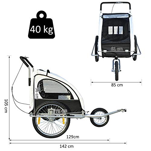 HOMCOM Remolque para Niños DOS PLAZAS con Amortiguadores Carro para Bicicleta CON BARRA INCLUIDA y Kit de Footing COLOR BLANCO y NEGRO