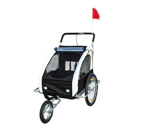 HOMCOM Remolque para Niños DOS PLAZAS con Amortiguadores Carro para Bicicleta CON BARRA INCLUIDA y Kit de Footing COLOR BLANCO y NEGRO