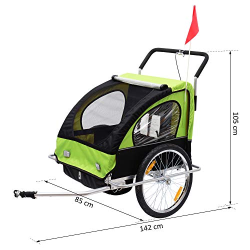 HOMCOM Remolque para Niños DOS PLAZAS con Amortiguadores Carro para Bicicleta CON BARRA INCLUIDA y Kit de Footing COLOR VERDE y NEGRO