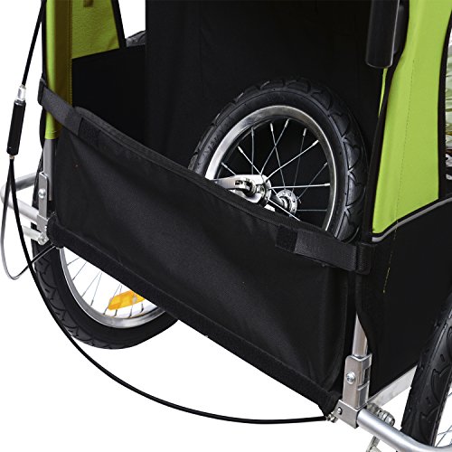 HOMCOM Remolque para Niños DOS PLAZAS con Amortiguadores Carro para Bicicleta CON BARRA INCLUIDA y Kit de Footing COLOR VERDE y NEGRO