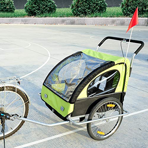 HOMCOM Remolque para Niños DOS PLAZAS con Amortiguadores Carro para Bicicleta CON BARRA INCLUIDA y Kit de Footing COLOR VERDE y NEGRO