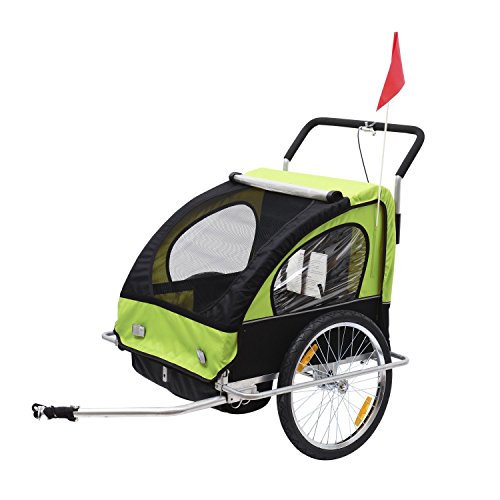 HOMCOM Remolque para Niños DOS PLAZAS con Amortiguadores Carro para Bicicleta CON BARRA INCLUIDA y Kit de Footing COLOR VERDE y NEGRO