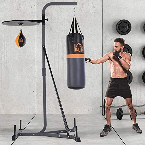 HOMCOM Saco de Boxeo Colgante con Soporte Altura Ajustable de 4 Niveles para Ejercicios en Casa Gimnasio Bolsa de Arena 20 kg Incluye Inflador 104x156x202 cm Multicolor