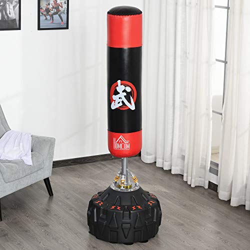 HOMCOM Saco de Boxeo de Pie Soporte de Boxeo para Adultos Base Grande Rellenable de Arena 60 kg/Agua 50 kg Resortes Amortiguador Φ60x180 cm Negro y Rojo