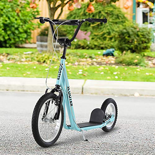 HOMCOM Scooter Patinete para Niños Mayores de 5 Años con 2 Neumáticos de Caucho Inflable con Doble Freno Manillar Ajustable en Altura Soporte 100 kg 135x58x88-94 cm Azul