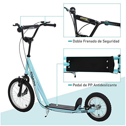 HOMCOM Scooter Patinete para Niños Mayores de 5 Años con 2 Neumáticos de Caucho Inflable con Doble Freno Manillar Ajustable en Altura Soporte 100 kg 135x58x88-94 cm Azul