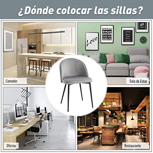 HOMCOM Set de 2 Sillas de Comedor con Asiento y Respaldo Acolchados con Cubierta de Terciopelo Suave y Diseño Moderno Carga 120 kg 49x50x77 cm Gris