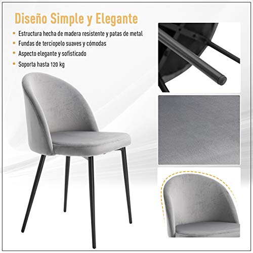 HOMCOM Set de 2 Sillas de Comedor con Asiento y Respaldo Acolchados con Cubierta de Terciopelo Suave y Diseño Moderno Carga 120 kg 49x50x77 cm Gris HOMCOM Set de 2 Sillas de Comedor con Asiento y Respaldo Acolchados con Cubierta de Terciopelo Suave y Diseño Moderno Carga 120 kg 49x50x77 cm Gris