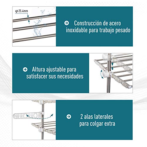 HOMCOM Tendedero Ropa Plegable 6 Ruedas 3 Niveles (80-142) x55x152 cm Altura Regulable