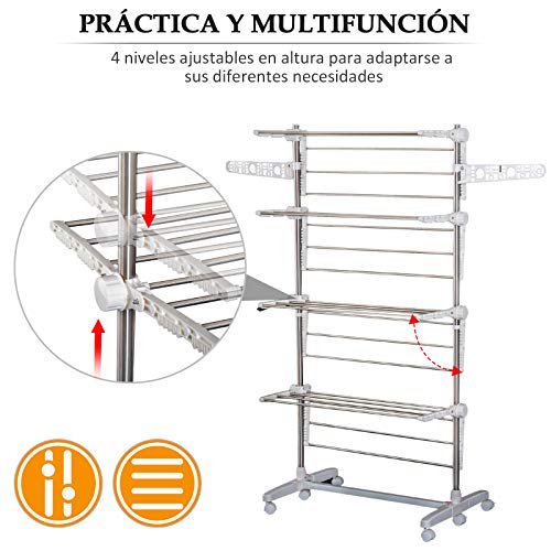 HOMCOM Tendedero Ropa Plegable 6 Ruedas 4 Niveles (80-142) x55x172 cm Estante Tubo Acero Lavanderia Tendero