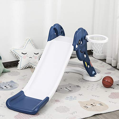 HOMCOM Tobogán Infantil de Jardín con Canasta de Baloncesto para Niños de +2 Años Juguete Interior y Exterior Carga 25 kg Accesorios Incluidos 160x35x68 cm Azul y Blanco