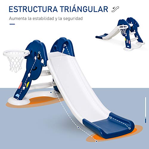 HOMCOM Tobogán Infantil de Jardín con Canasta de Baloncesto para Niños de +2 Años Juguete Interior y Exterior Carga 25 kg Accesorios Incluidos 160x35x68 cm Azul y Blanco