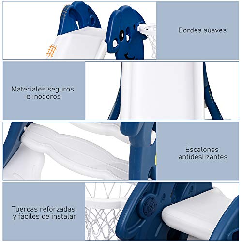 HOMCOM Tobogán Infantil de Jardín con Canasta de Baloncesto para Niños de +2 Años Juguete Interior y Exterior Carga 25 kg Accesorios Incluidos 160x35x68 cm Azul y Blanco