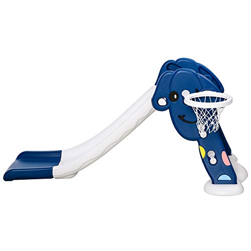 HOMCOM Tobogán Infantil de Jardín con Canasta de Baloncesto para Niños de +2 Años Juguete Interior y Exterior Carga 25 kg Accesorios Incluidos 160x35x68 cm Azul y Blanco