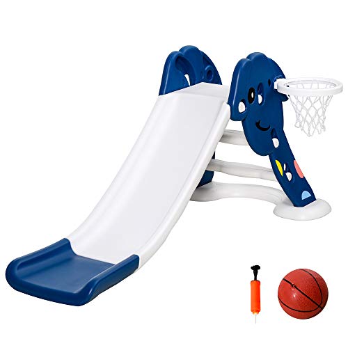 HOMCOM Tobogán Infantil de Jardín con Canasta de Baloncesto para Niños de +2 Años Juguete Interior y Exterior Carga 25 kg Accesorios Incluidos 160x35x68 cm Azul y Blanco