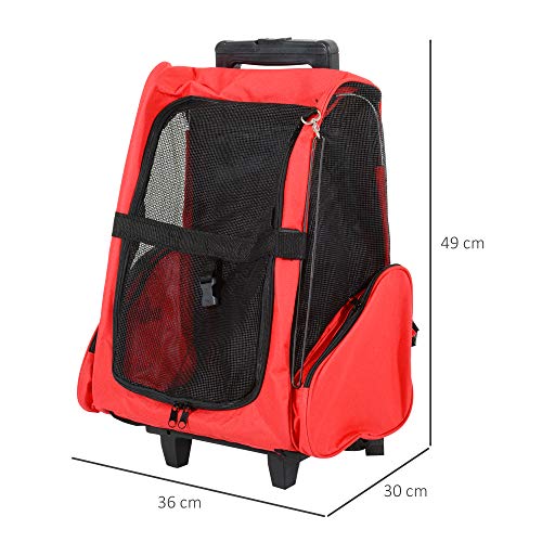 HOMCOM Transportin Carrito Perro 2 en 1 Mochila Carrito 36x30x49 cm Mascotas Perro Gato Rojo