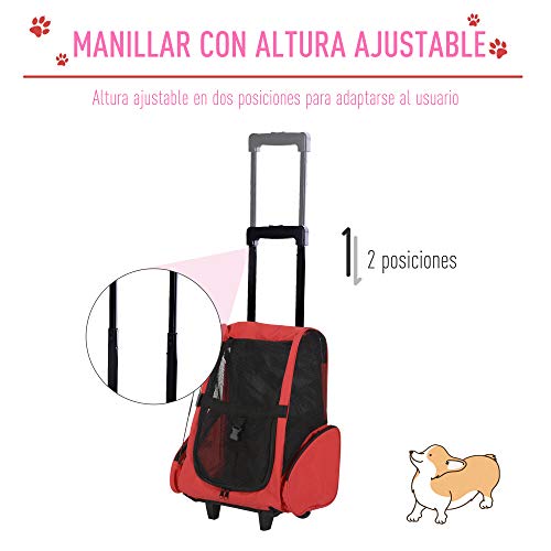 HOMCOM Transportin Carrito Perro 2 en 1 Mochila Carrito 36x30x49 cm Mascotas Perro Gato Rojo