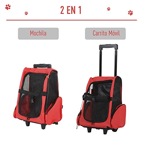 HOMCOM Transportin Carrito Perro 2 en 1 Mochila Carrito 36x30x49 cm Mascotas Perro Gato Rojo