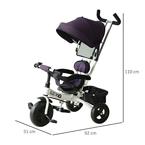 HOMCOM Triciclo para Bebé 4 en 1 Bicicleta para +18 Meses con Capota Manija de Empuje Ajustable Barra Extraíble Reposapiés Plegable Canasta de Almacenaje 92x51x110 cm Morado HOMCOM Triciclo para Bebé 4 en 1 Bicicleta para +18 Meses con Capota Manija de Empuje Ajustable Barra Extraíble Reposapiés Plegable Canasta de Almacenaje 92x51x110 cm Morado