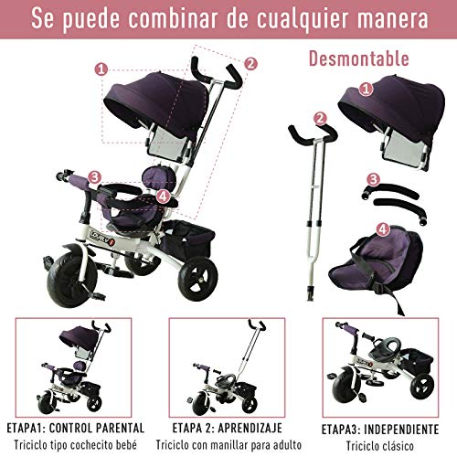 HOMCOM Triciclo para Bebé 4 en 1 Bicicleta para +18 Meses con Capota Manija de Empuje Ajustable Barra Extraíble Reposapiés Plegable Canasta de Almacenaje 92x51x110 cm Morado HOMCOM Triciclo para Bebé 4 en 1 Bicicleta para +18 Meses con Capota Manija de Empuje Ajustable Barra Extraíble Reposapiés Plegable Canasta de Almacenaje 92x51x110 cm Morado