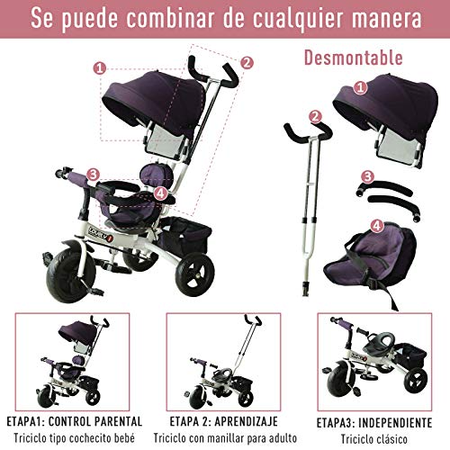 HOMCOM Triciclo para Bebé 4 en 1 Bicicleta para +18 Meses con Capota Manija de Empuje Ajustable Barra Extraíble Reposapiés Plegable Canasta de Almacenaje 92x51x110 cm Morado