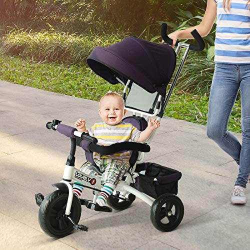 HOMCOM Triciclo para Bebé 4 en 1 Bicicleta para +18 Meses con Capota Manija de Empuje Ajustable Barra Extraíble Reposapiés Plegable Canasta de Almacenaje 92x51x110 cm Morado HOMCOM Triciclo para Bebé 4 en 1 Bicicleta para +18 Meses con Capota Manija de Empuje Ajustable Barra Extraíble Reposapiés Plegable Canasta de Almacenaje 92x51x110 cm Morado