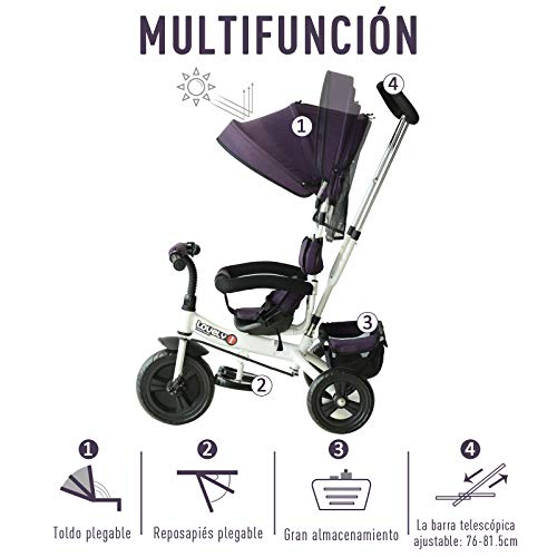 HOMCOM Triciclo para Bebé 4 en 1 Bicicleta para +18 Meses con Capota Manija de Empuje Ajustable Barra Extraíble Reposapiés Plegable Canasta de Almacenaje 92x51x110 cm Morado HOMCOM Triciclo para Bebé 4 en 1 Bicicleta para +18 Meses con Capota Manija de Empuje Ajustable Barra Extraíble Reposapiés Plegable Canasta de Almacenaje 92x51x110 cm Morado