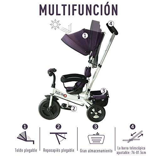 HOMCOM Triciclo para Bebé 4 en 1 Bicicleta para +18 Meses con Capota Manija de Empuje Ajustable Barra Extraíble Reposapiés Plegable Canasta de Almacenaje 92x51x110 cm Morado