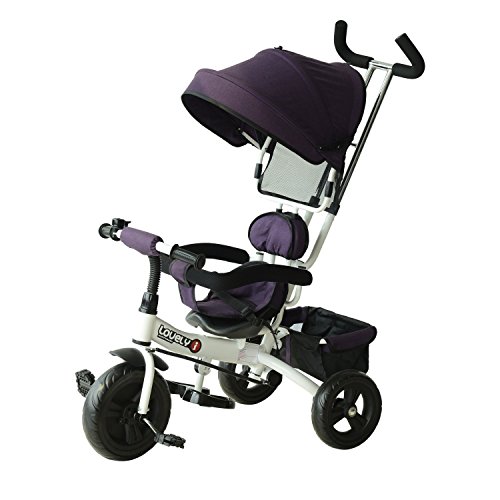 HOMCOM Triciclo para Bebé 4 en 1 Bicicleta para +18 Meses con Capota Manija de Empuje Ajustable Barra Extraíble Reposapiés Plegable Canasta de Almacenaje 92x51x110 cm Morado