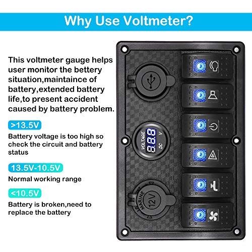 HomdMarket Panel de interruptor basculante impermeable de 6 vías, pantalla digital de voltaje de 12 V/24 V, cargador USB dual de 5 V para caravanas, barcos, coches, casas rodantes