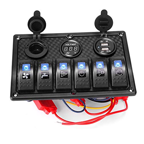 HomdMarket Panel de interruptor basculante impermeable de 6 vías, pantalla digital de voltaje de 12 V/24 V, cargador USB dual de 5 V para caravanas, barcos, coches, casas rodantes