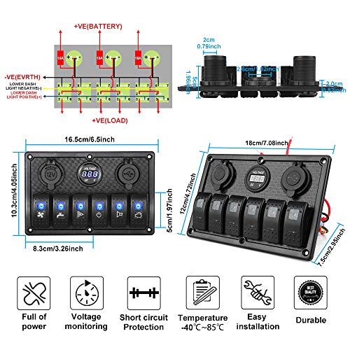 HomdMarket Panel de interruptor basculante impermeable de 6 vías, pantalla digital de voltaje de 12 V/24 V, cargador USB dual de 5 V para caravanas, barcos, coches, casas rodantes