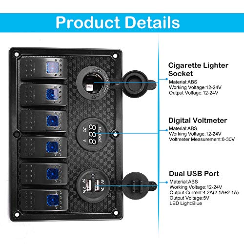HomdMarket Panel de interruptor basculante impermeable de 6 vías, pantalla digital de voltaje de 12 V/24 V, cargador USB dual de 5 V para caravanas, barcos, coches, casas rodantes
