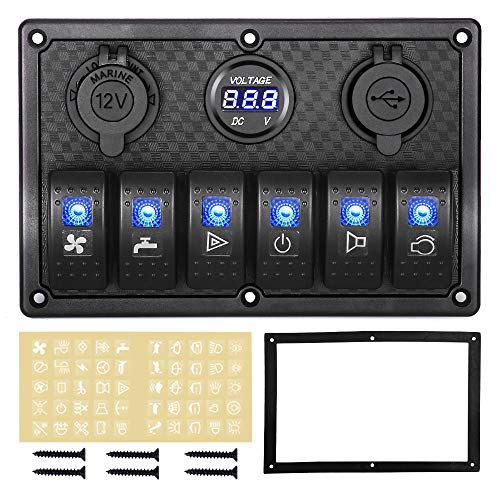 HomdMarket Panel de interruptor basculante impermeable de 6 vías, pantalla digital de voltaje de 12 V/24 V, cargador USB dual de 5 V para caravanas, barcos, coches, casas rodantes