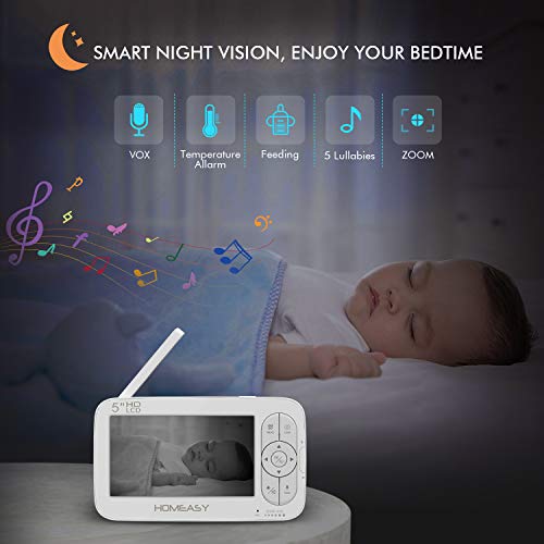 homeasy Cámara bebe 720P, 2500mAh Monitor de Bebé HD 5”Pantalla LCD, Vigilabebes con Cámara con Visión Nocturna Función VOX Sensor de Temperatura Auto Wake-up Canción de Cuna
