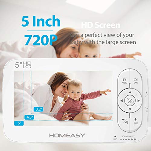 homeasy Cámara bebe 720P, 2500mAh Monitor de Bebé HD 5”Pantalla LCD, Vigilabebes con Cámara con Visión Nocturna Función VOX Sensor de Temperatura Auto Wake-up Canción de Cuna