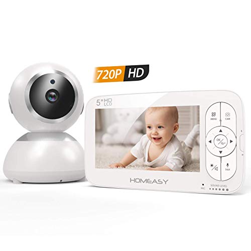 homeasy Cámara bebe 720P, 2500mAh Monitor de Bebé HD 5”Pantalla LCD, Vigilabebes con Cámara con Visión Nocturna Función VOX Sensor de Temperatura Auto Wake-up Canción de Cuna