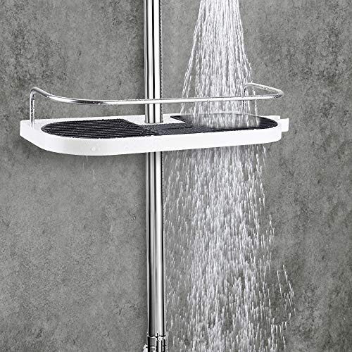 homeasy Estante para Baño, Estantería de Ducha Ajustable Sin Taladro con Ganchos, Artículos de Baño para Varilla de Ducha de 19mm-25mm(Blanco)