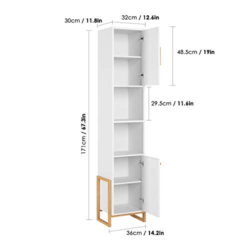 HOMECHO Armario Alto para Baño Mueble Columna de Baño con 2 Puertas y 2 Cubos Blanco y Bambu Natural 36 x 30 x 171cm