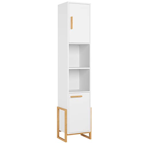 HOMECHO Armario Alto para Baño Mueble Columna de Baño con 2 Puertas y 2 Cubos Blanco y Bambu Natural 36 x 30 x 171cm