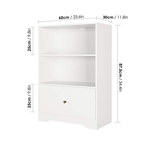 HOMECHO Armario de Suelo para Baño Salón Dormitorio Cocina Mueble Auxiliar con 1 Cajón y 2 Compartimentos Abiertos para para Almacenaje Libreria de Madera Blanco 60 x 30 x 87 cm