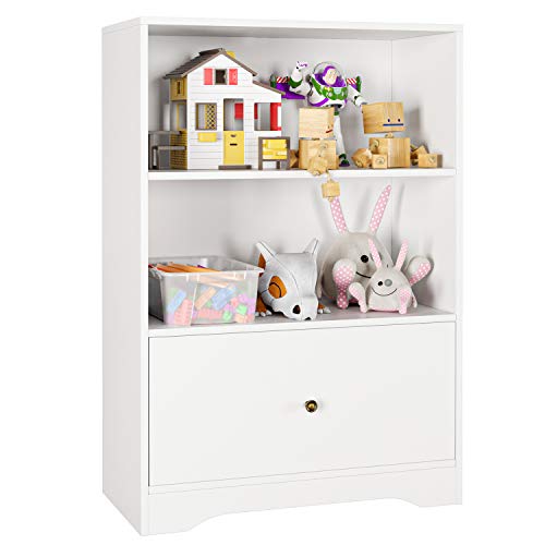 HOMECHO Armario de Suelo para Baño Salón Dormitorio Cocina Mueble Auxiliar con 1 Cajón y 2 Compartimentos Abiertos para para Almacenaje Libreria de Madera Blanco 60 x 30 x 87 cm