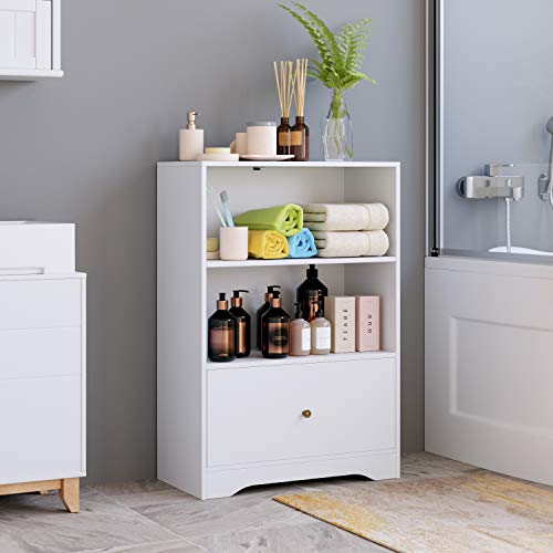 HOMECHO Armario de Suelo para Baño Salón Dormitorio Cocina Mueble Auxiliar con 1 Cajón y 2 Compartimentos Abiertos para para Almacenaje Libreria de Madera Blanco 60 x 30 x 87 cm