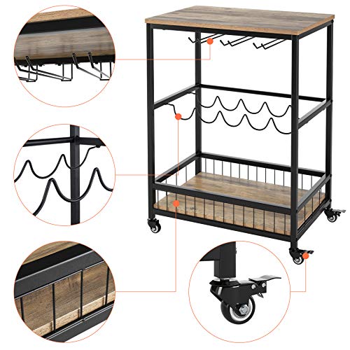 HOMECHO Carrito de Servicio Móvil Carro de Cocina con Botelleros Portavasos Ruedas para Hogar Restaurante 60 x 40 x 82cm (Marrón Claro)