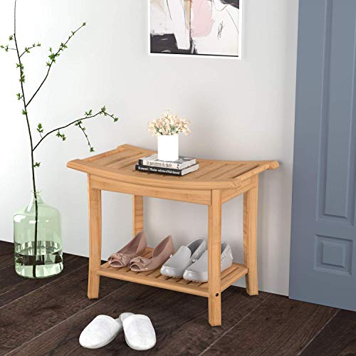 HOMECHO Tabuerte de Ducha de Bambú con Estante para Almacenamiento y Caja de Jabón Taburete de Baño Ergonómico y Antideslizante para Baño 60 x 33 x 46cm HOMECHO Tabuerte de Ducha de Bambú con Estante para Almacenamiento y Caja de Jabón Taburete de Baño Ergonómico y Antideslizante para Baño 60 x 33 x 46cm