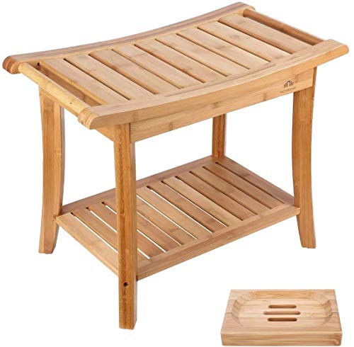 HOMECHO Tabuerte de Ducha de Bambú con Estante para Almacenamiento y Caja de Jabón Taburete de Baño Ergonómico y Antideslizante para Baño 60 x 33 x 46cm