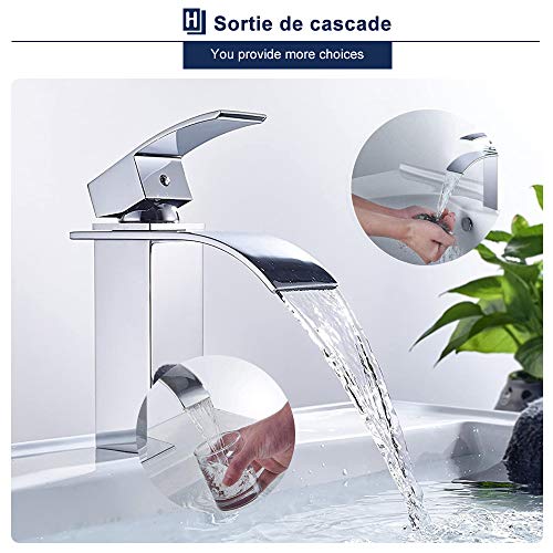 HOMELODY Grifo de Lavabo Cascada Grifo para Baño de Latón Grifo Grifo de Cuenca Monomando Cuadrado Mezclador Agua Fría y Caliente Grifo Cromo-Plateado con Válvula De Cerámica